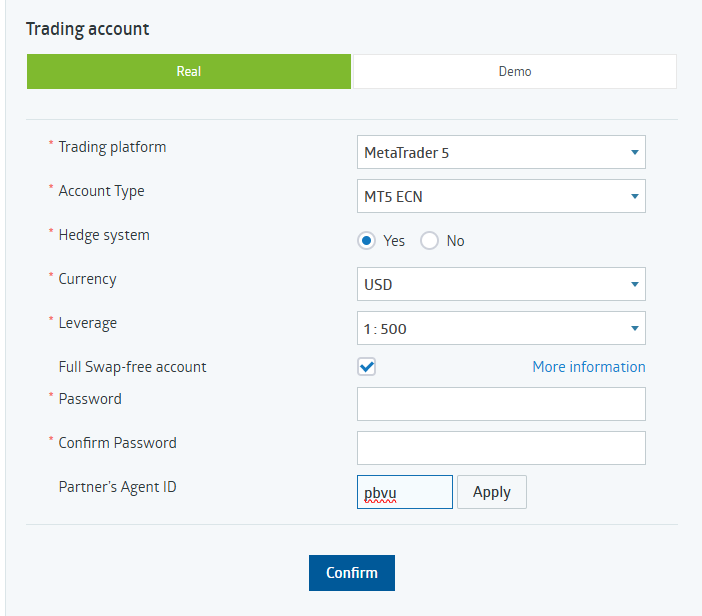 RoboForex MT5 ECN account registration form showing Partner Agent ID pbvu