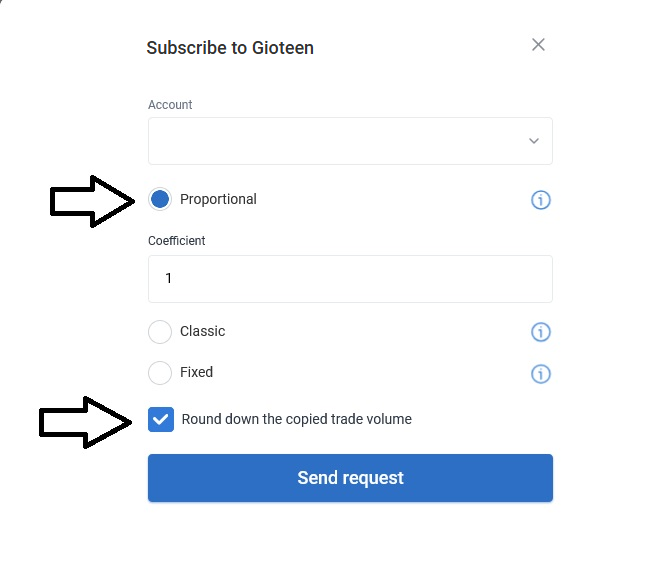 Subscribe to Neurowick copy-trading dialog showing Proportional mode selected with coefficient 1